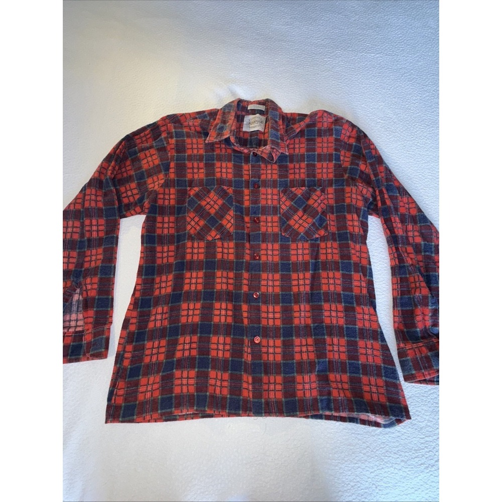Vintage 90s Saugatuck Dry Goods Red Blue Plaid‎ Cotton Flannel Shirt Size Large